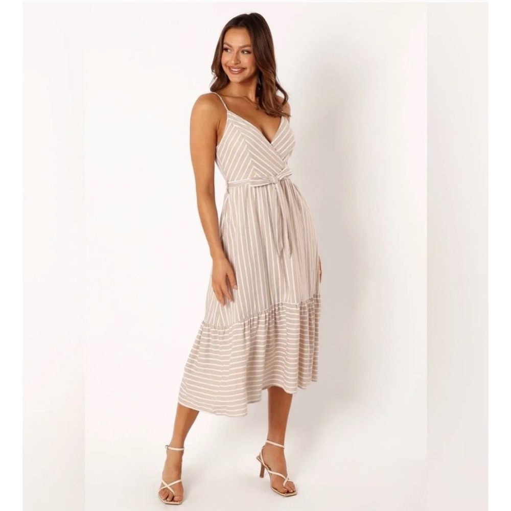 Petal + Pup Beige Stripe Odette Midi Dress, Size 2, Surplice Boho Coastal - New